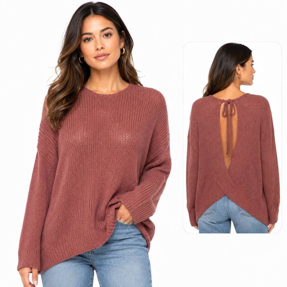 Blu Pepper Large Rust Open Back Tie Knit Sweater